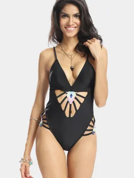 Wholesale Black Geometrical Cut Out One-Pieces