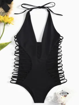 Wholesale Black Halter Cut Out One-Pieces