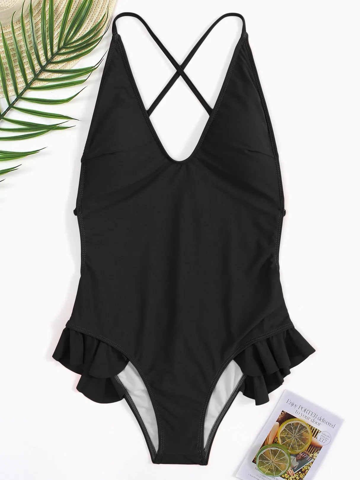 Wholesale Black Halter Sleeveless Plain Backless Flounced Hem One-Pieces Swimwears