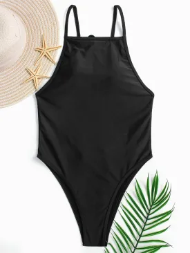 Wholesale Black Halter Sleeveless Plain Cut Out One-Pieces Swimwears