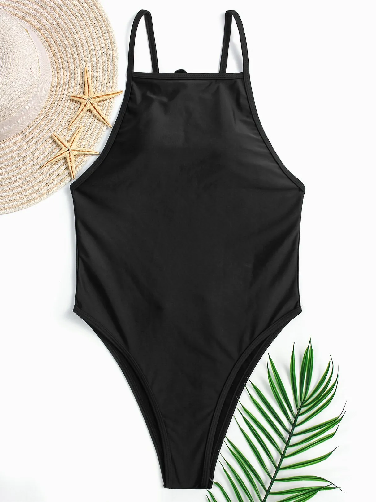Wholesale Black Halter Sleeveless Plain Cut Out One-Pieces Swimwears