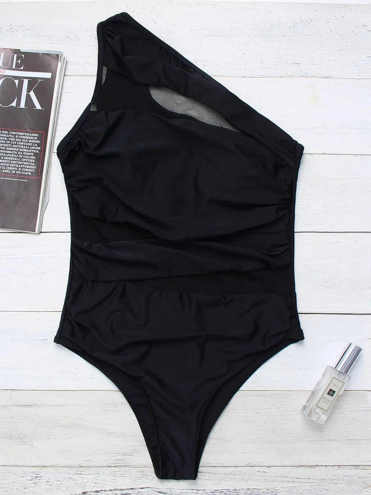 Wholesale Black One Shoulder Sleeveless Plain Fishnet See Through One-Pieces Swimsuits