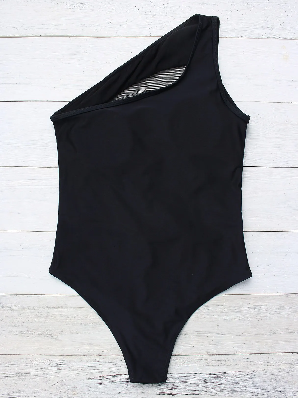 Wholesale Black One Shoulder Sleeveless Plain Fishnet See Through One-Pieces Swimsuits