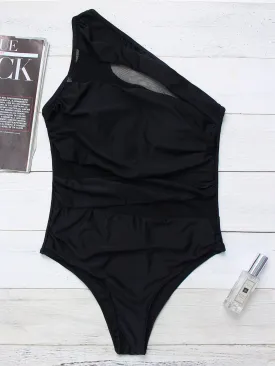 Wholesale Black One Shoulder Sleeveless Plain Fishnet See Through One-Pieces Swimsuits
