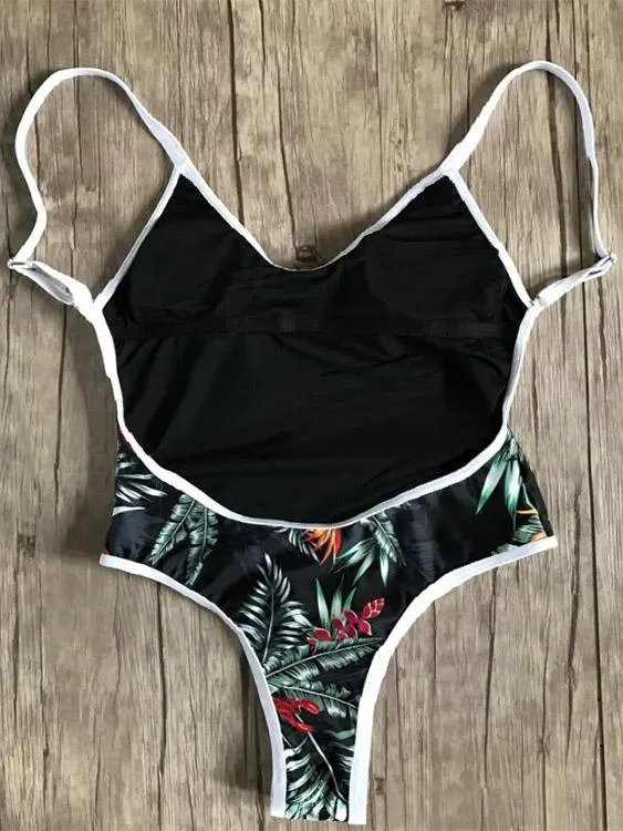 Wholesale Black Round Neck Sleeveless Floral Print Backless One-Pieces Swimsuits