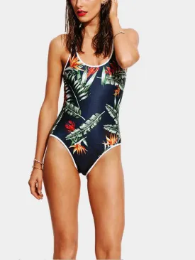 Wholesale Black Round Neck Sleeveless Floral Print Backless One-Pieces Swimsuits
