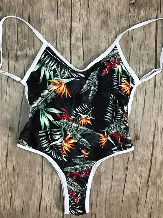 Wholesale Black Round Neck Sleeveless Floral Print Backless One-Pieces Swimsuits