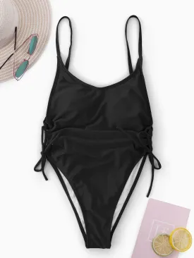 Wholesale Black V-Neck Sleeveless Plain Lace-Up One-Pieces Swimwears