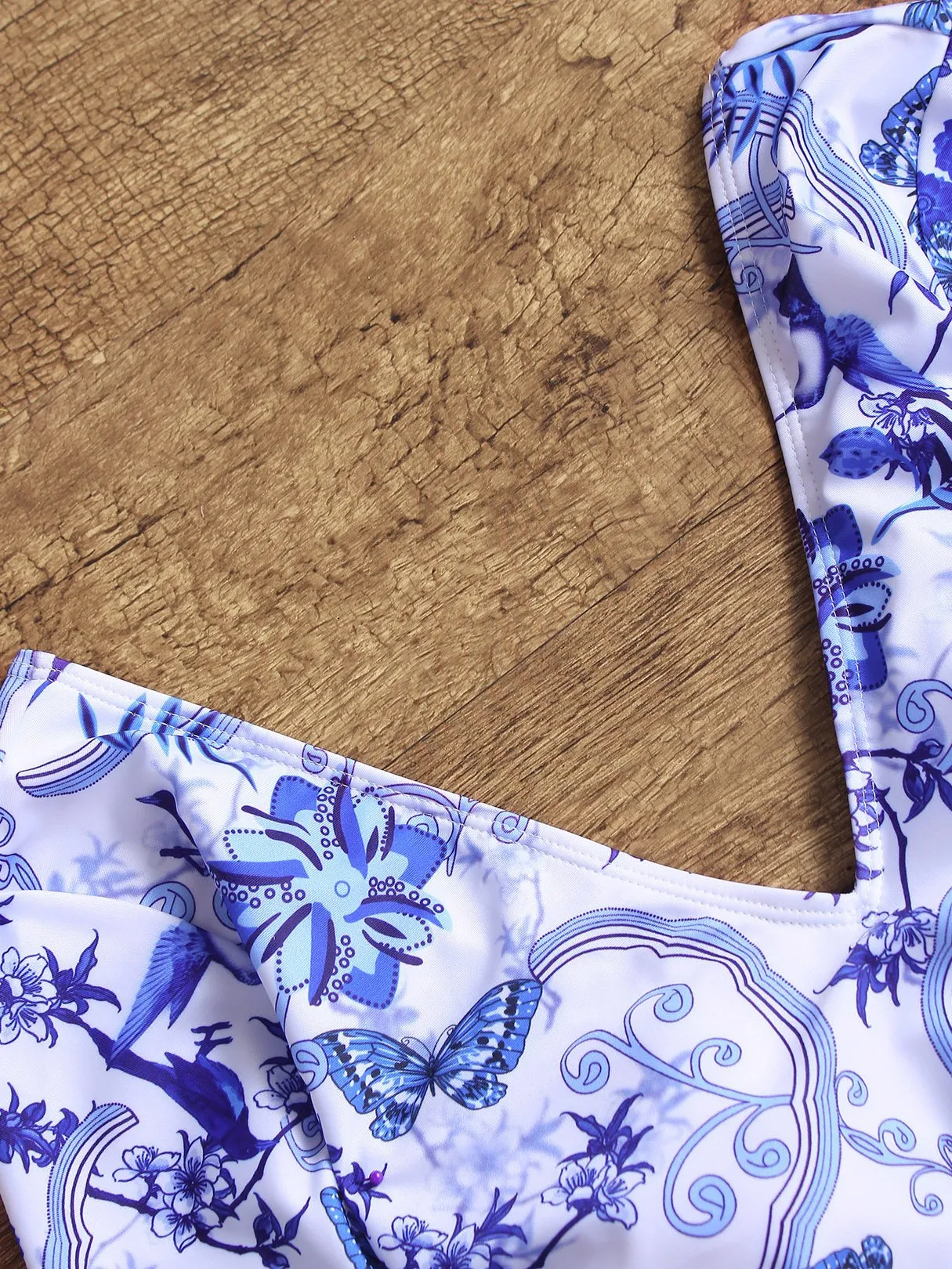 Wholesale Blue Deep V-Neck Long Sleeve Printed Backless One-Pieces Swimwears