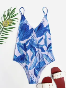 Wholesale Blue Deep V Neck Sleeveless Printed Backless Spaghetti Strap One-Pieces Swimwears