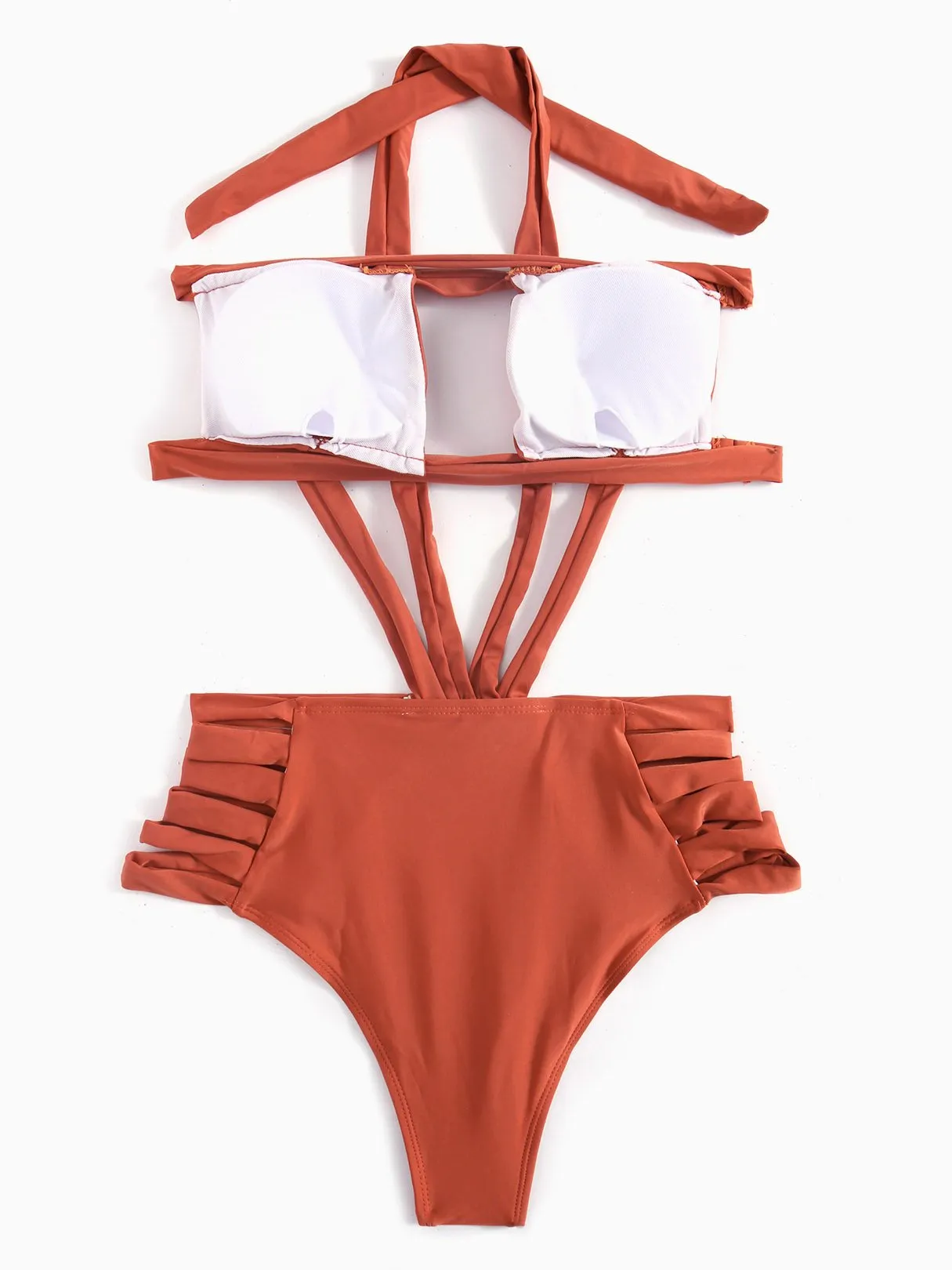 Wholesale Brown Halter Sleeveless Plain Hollow One-Pieces Swimsuits