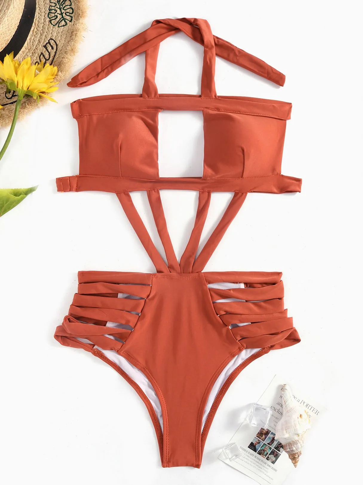Wholesale Brown Halter Sleeveless Plain Hollow One-Pieces Swimsuits