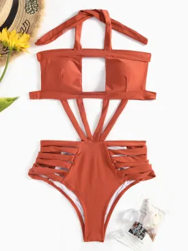 Wholesale Brown Halter Sleeveless Plain Hollow One-Pieces Swimsuits