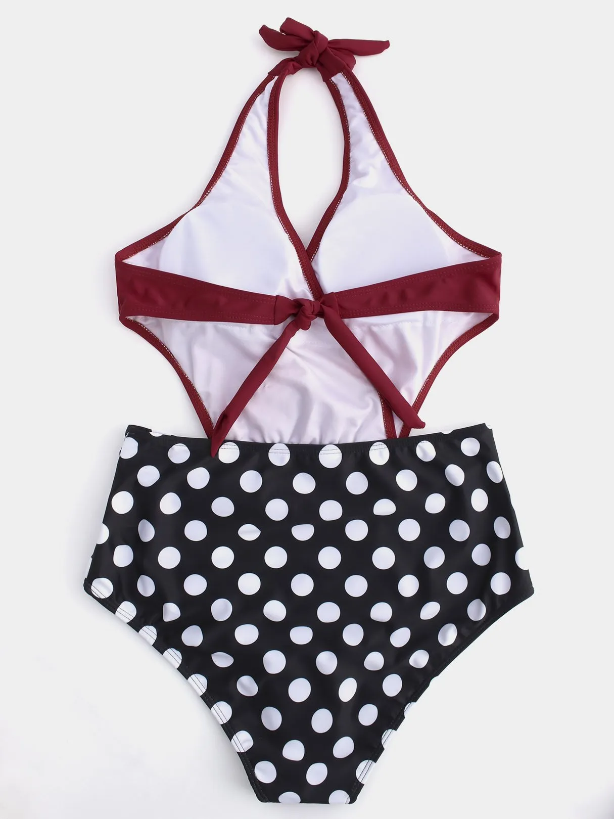 Wholesale Burgundy V-Neck Crossed Front Backless Cut Out Tie-Up High Waist One-Pieces