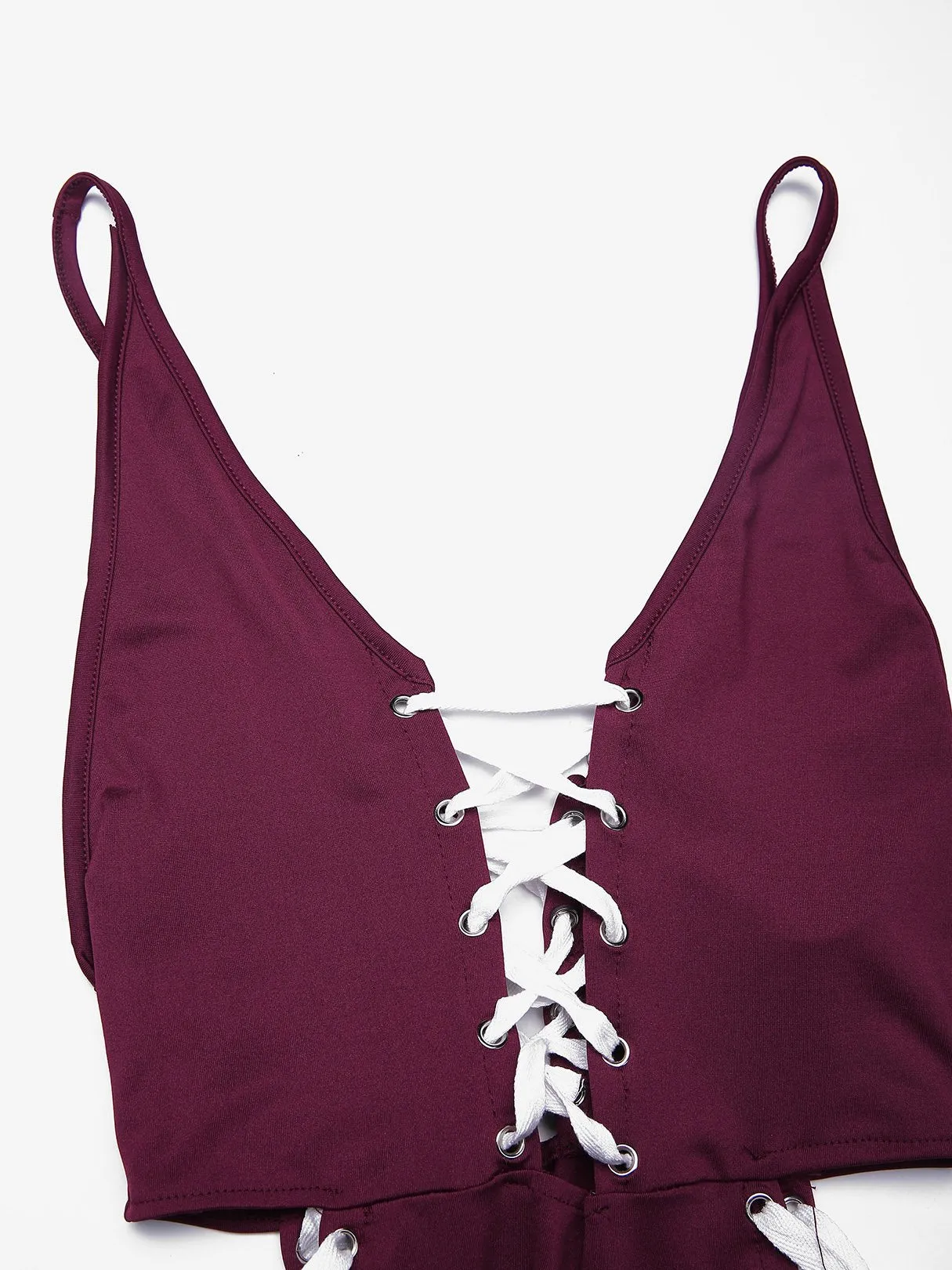 Wholesale Burgundy V-Neck Sleeveless Backless Lace-Up One-Piece Swimsuit