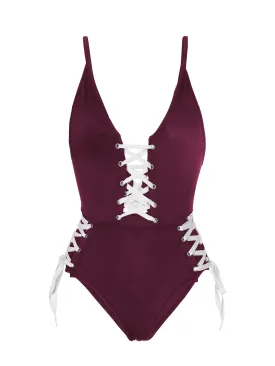 Wholesale Burgundy V-Neck Sleeveless Backless Lace-Up One-Piece Swimsuit