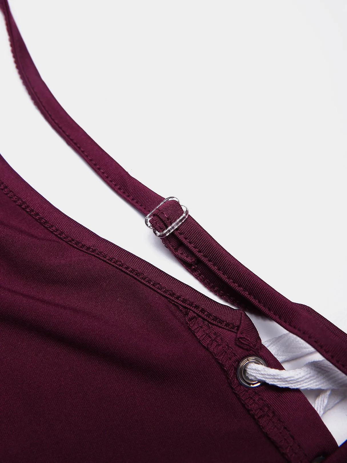 Wholesale Burgundy V-Neck Sleeveless Backless Lace-Up One-Piece Swimsuit