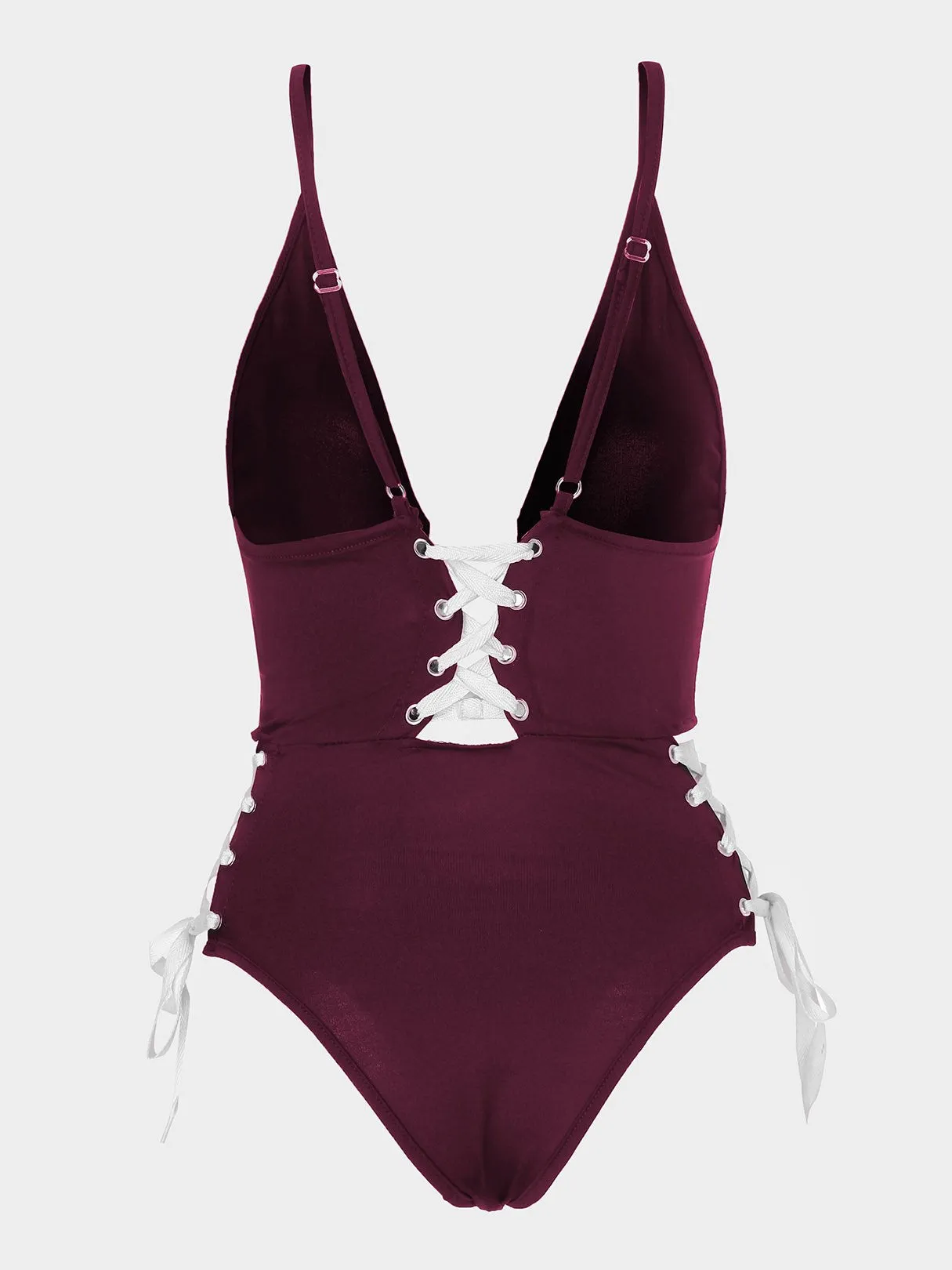 Wholesale Burgundy V-Neck Sleeveless Backless Lace-Up One-Piece Swimsuit