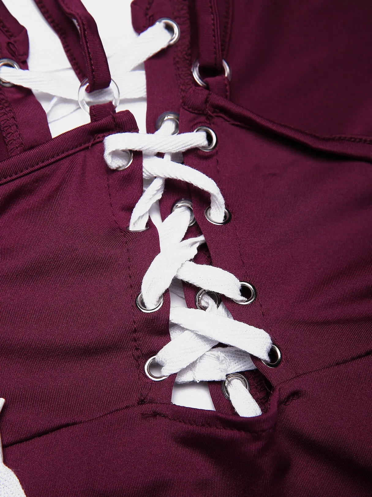 Wholesale Burgundy V-Neck Sleeveless Backless Lace-Up One-Piece Swimsuit