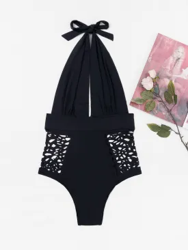 Wholesale Deep V Neck Hollow Sleeveless Black One-Pieces