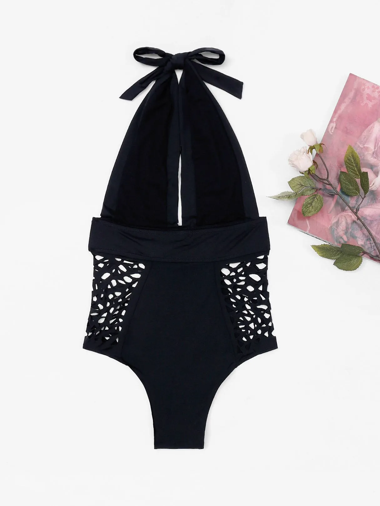 Wholesale Deep V Neck Hollow Sleeveless Black One-Pieces