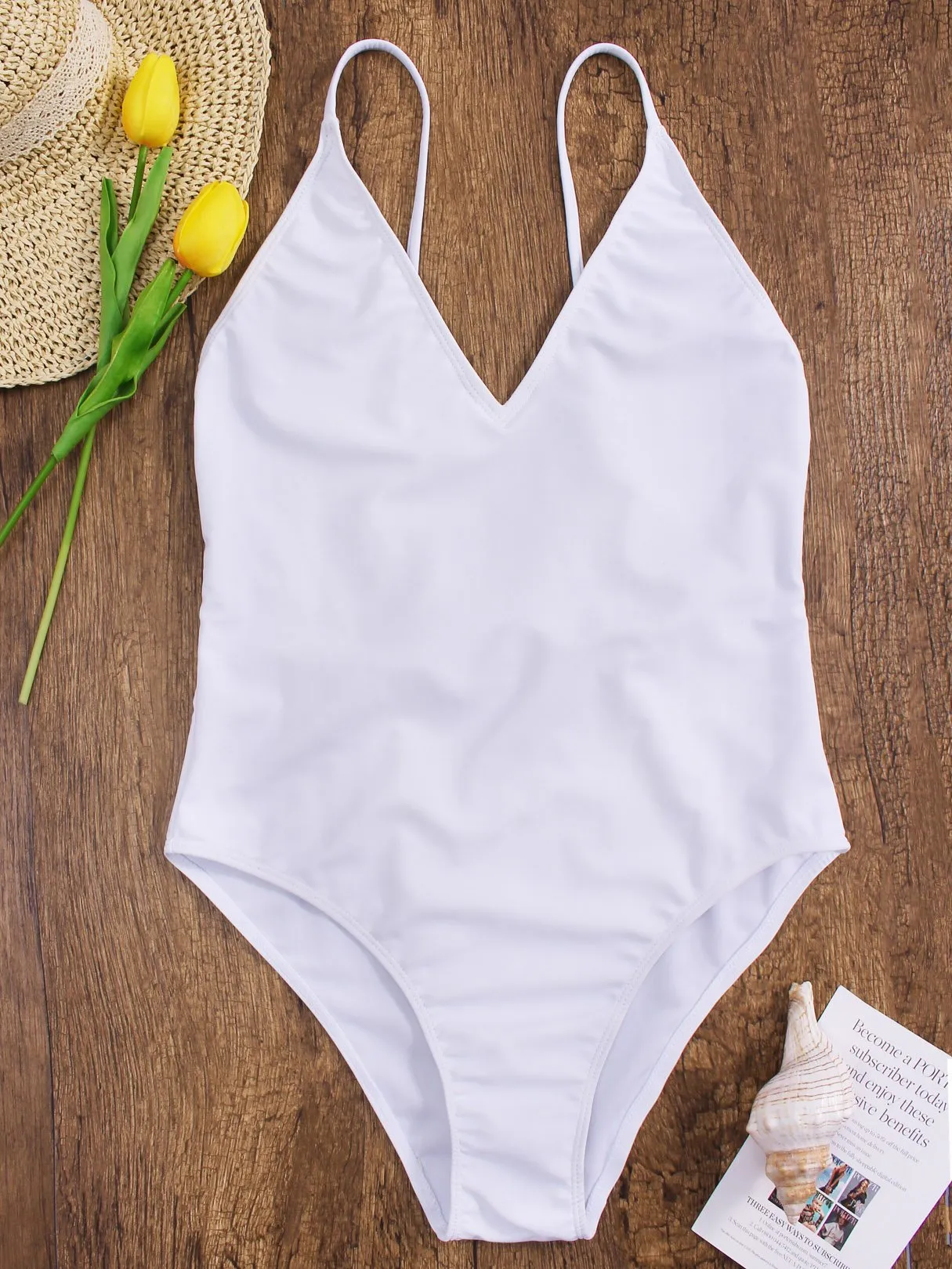Wholesale Deep V Neck Plain Spaghetti Strap One-Pieces Swimwear