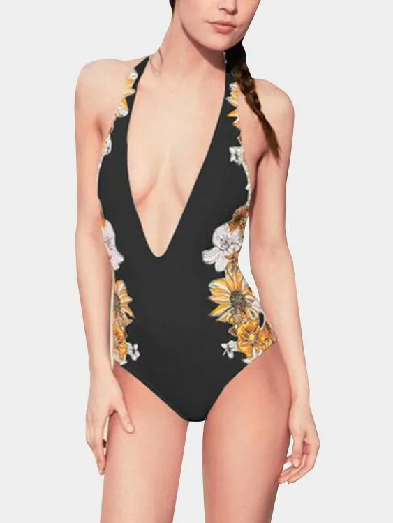 Wholesale Deep V Neck Sleeveless Floral Print One-Pieces Swimsuits