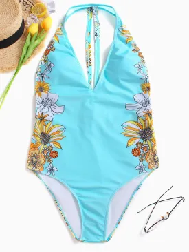 Wholesale Deep V Neck Sleeveless Floral Print One-Pieces Swimsuits