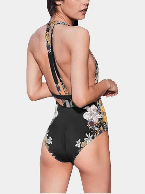 Wholesale Deep V Neck Sleeveless Floral Print One-Pieces Swimsuits