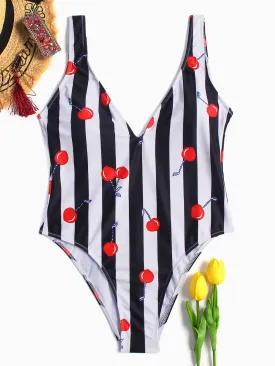 Wholesale Deep V Neck Sleeveless Stripe Floral Print Backless One-Pieces Swimsuits
