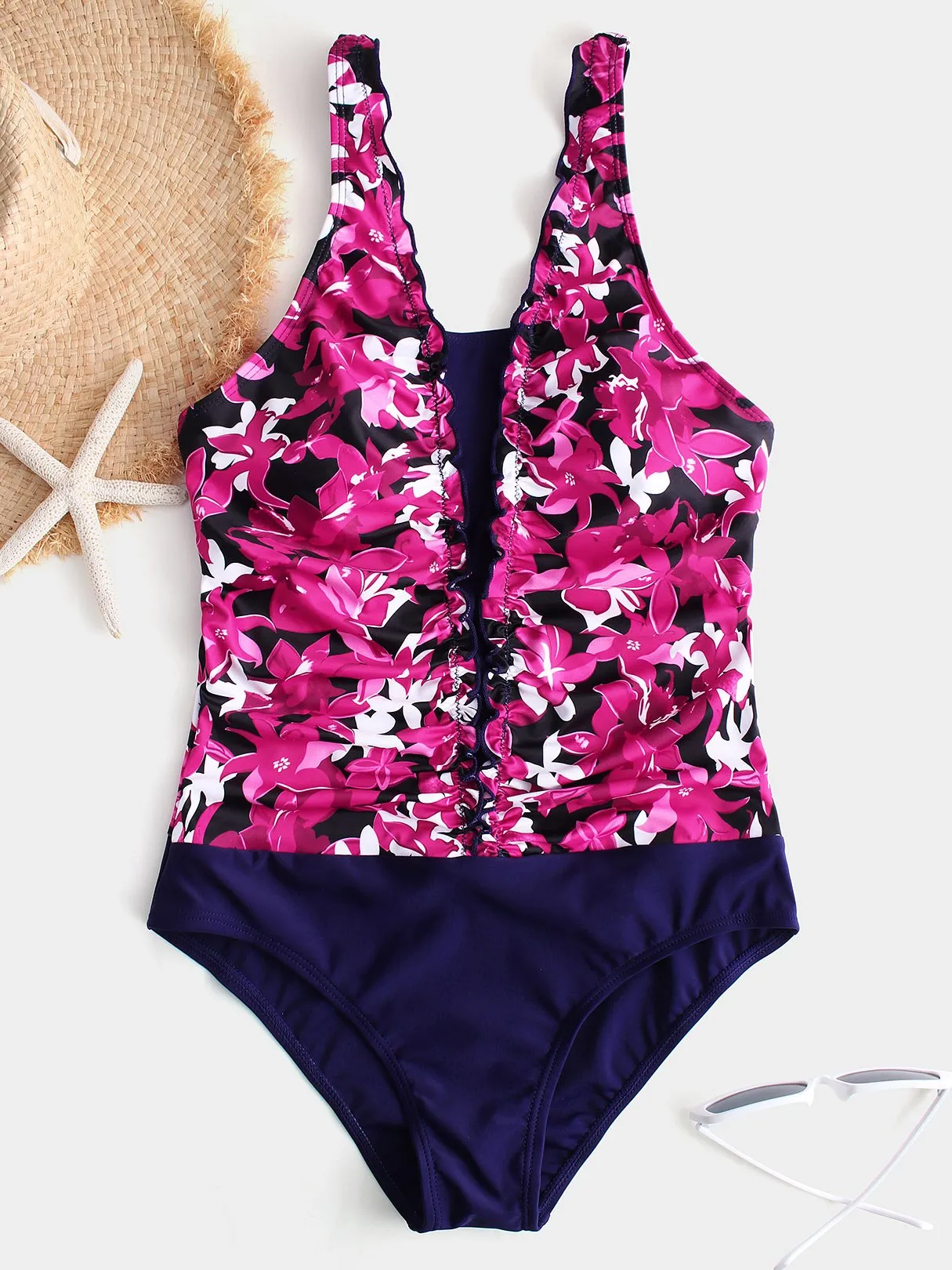 Wholesale Fuchsia V-Neck Floral Print One-Pieces Swimsuits
