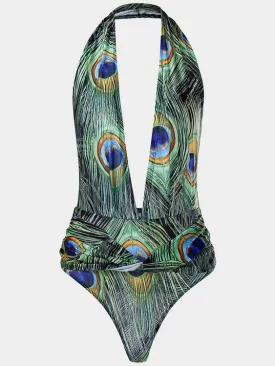 Wholesale Green Deep V Neck Sleeveless Printed Crossed Front Backless One-Pieces Swimsuits