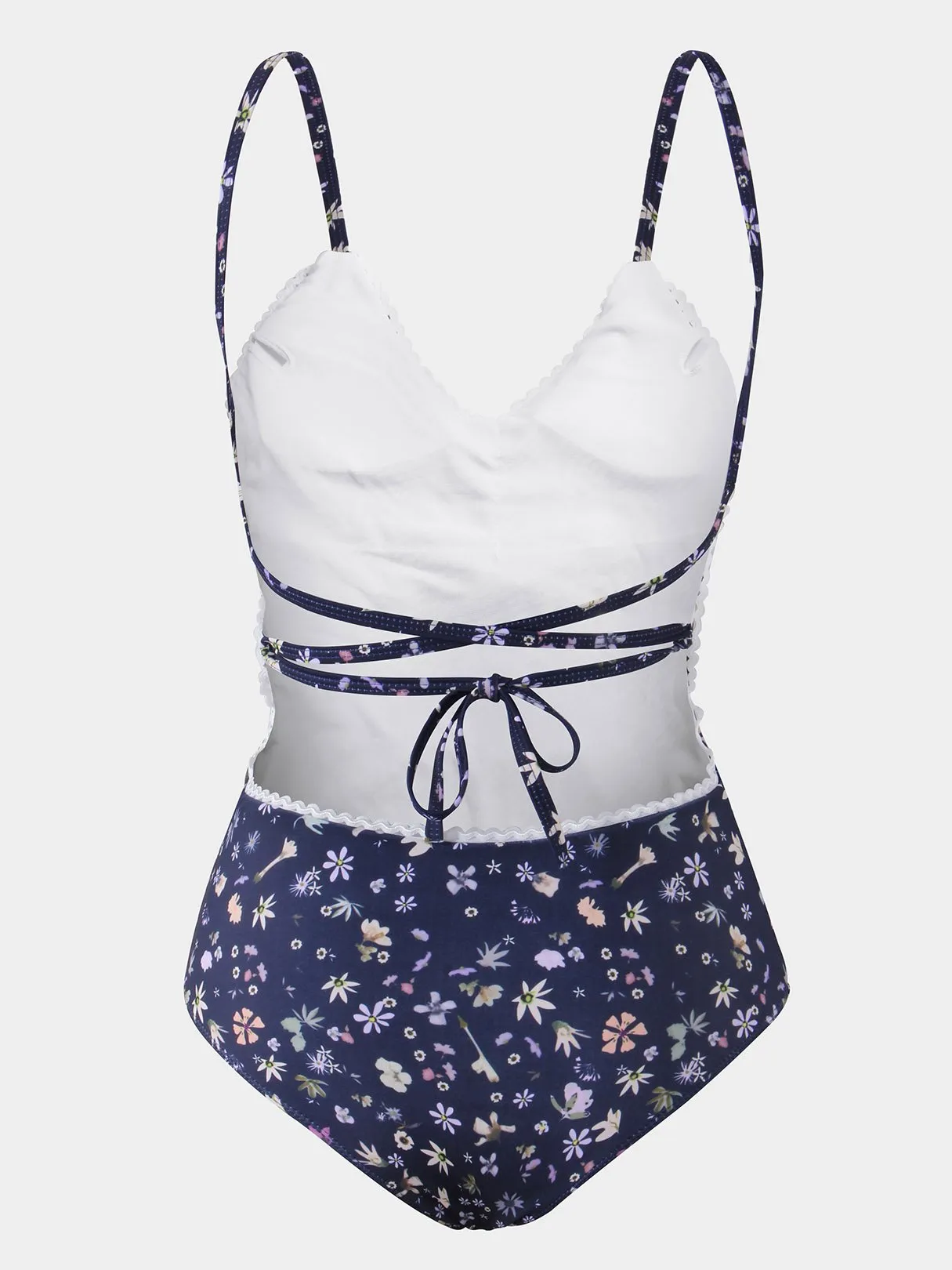 Wholesale Navy V-Neck Sleeveless Floral Print Lace-Up One-Pieces Swimsuits