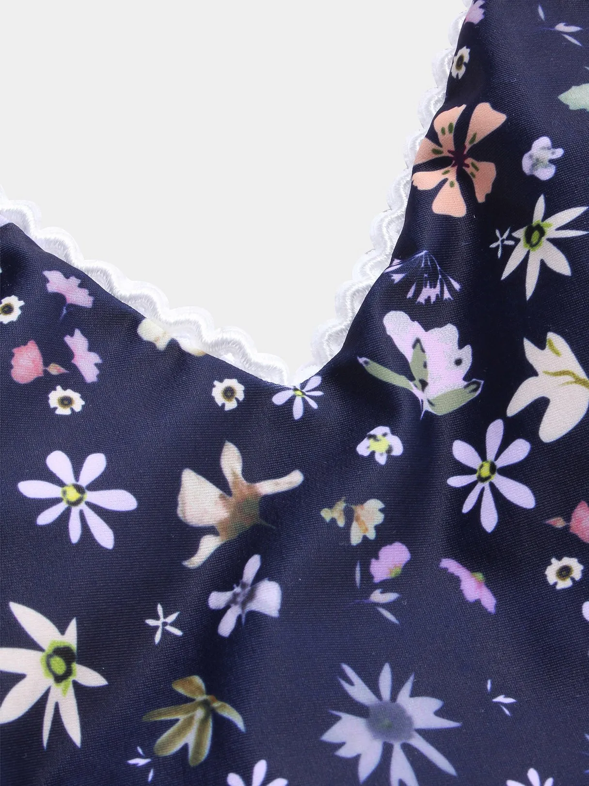 Wholesale Navy V-Neck Sleeveless Floral Print Lace-Up One-Pieces Swimsuits