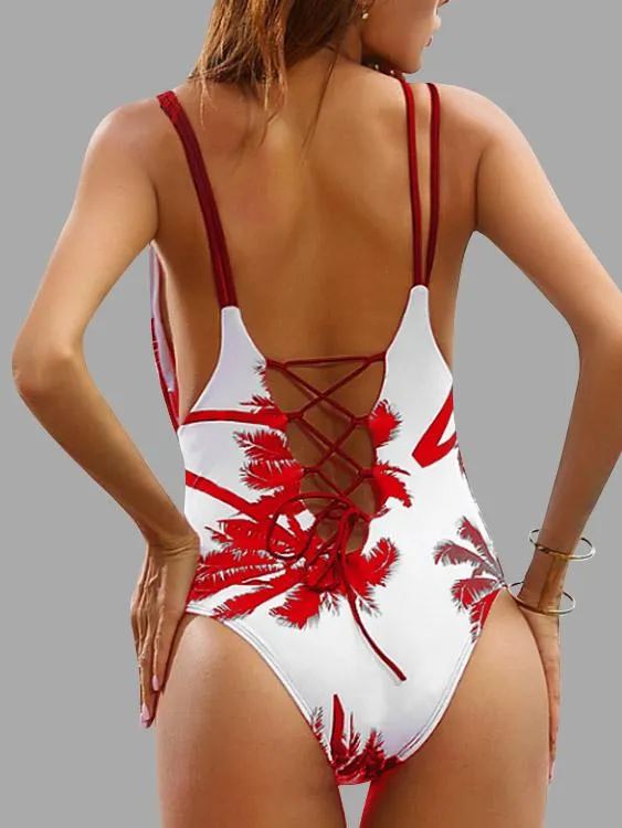 Wholesale Printed Backless Lace-Up Sleeveless Red One-Pieces