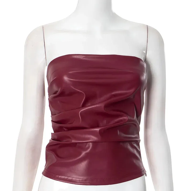 Wine Red Strapless Leather Top – Sexy Slim Fit Party Top