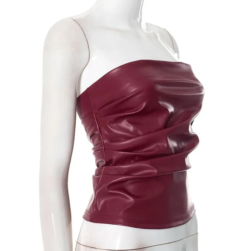Wine Red Strapless Leather Top – Sexy Slim Fit Party Top