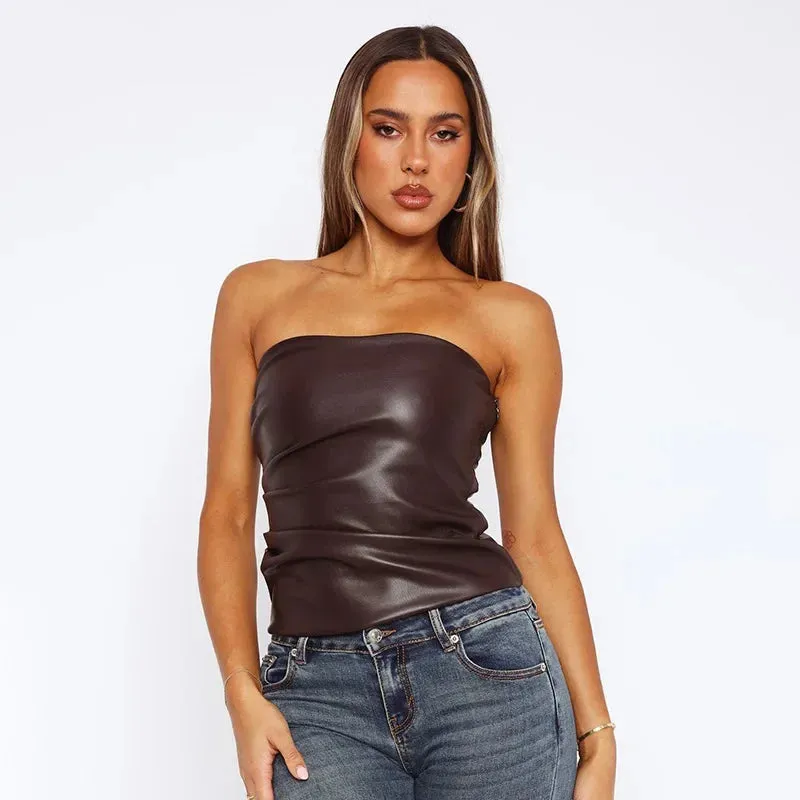 Wine Red Strapless Leather Top – Sexy Slim Fit Party Top