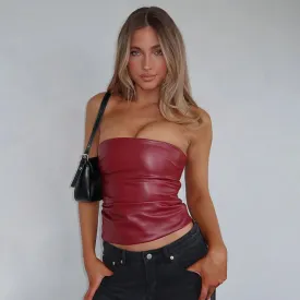 Wine Red Strapless Leather Top – Sexy Slim Fit Party Top