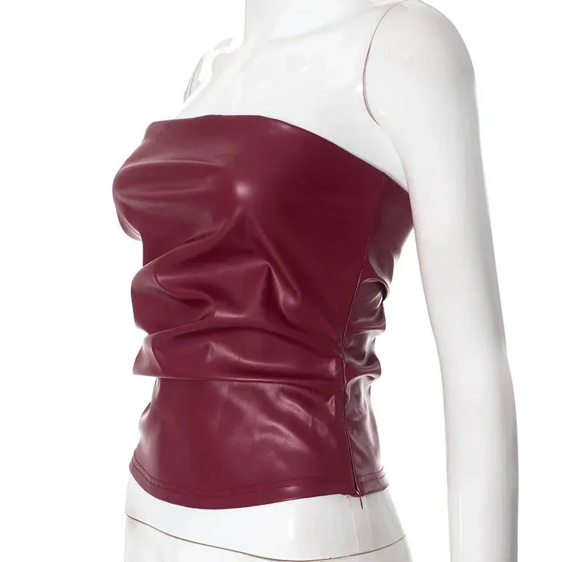 Wine Red Strapless Leather Top – Sexy Slim Fit Party Top
