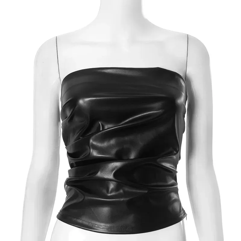 Wine Red Strapless Leather Top – Sexy Slim Fit Party Top