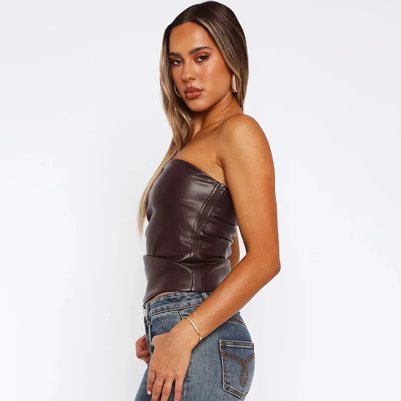 Wine Red Strapless Leather Top – Sexy Slim Fit Party Top