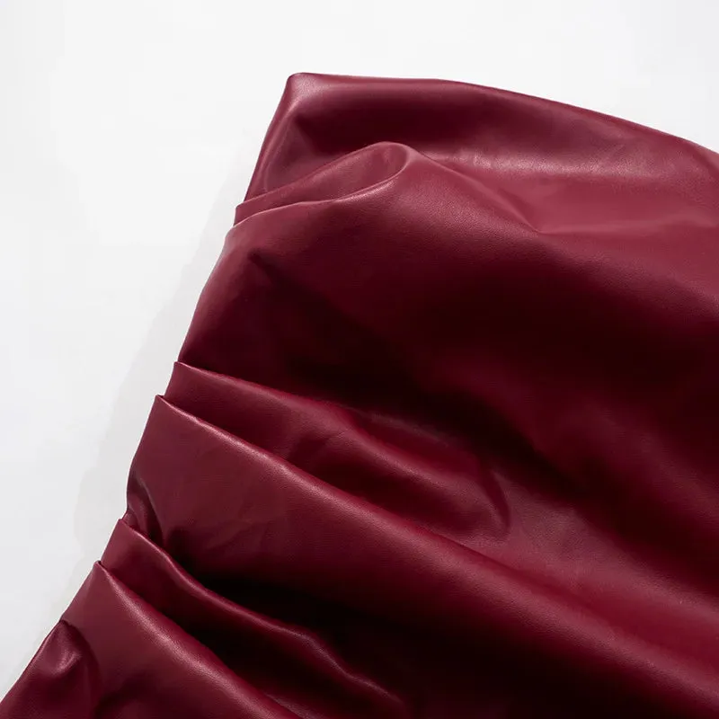 Wine Red Strapless Leather Top – Sexy Slim Fit Party Top
