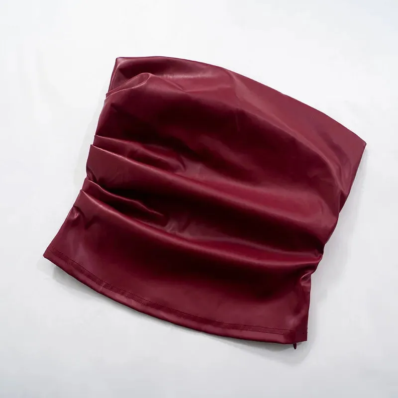 Wine Red Strapless Leather Top – Sexy Slim Fit Party Top