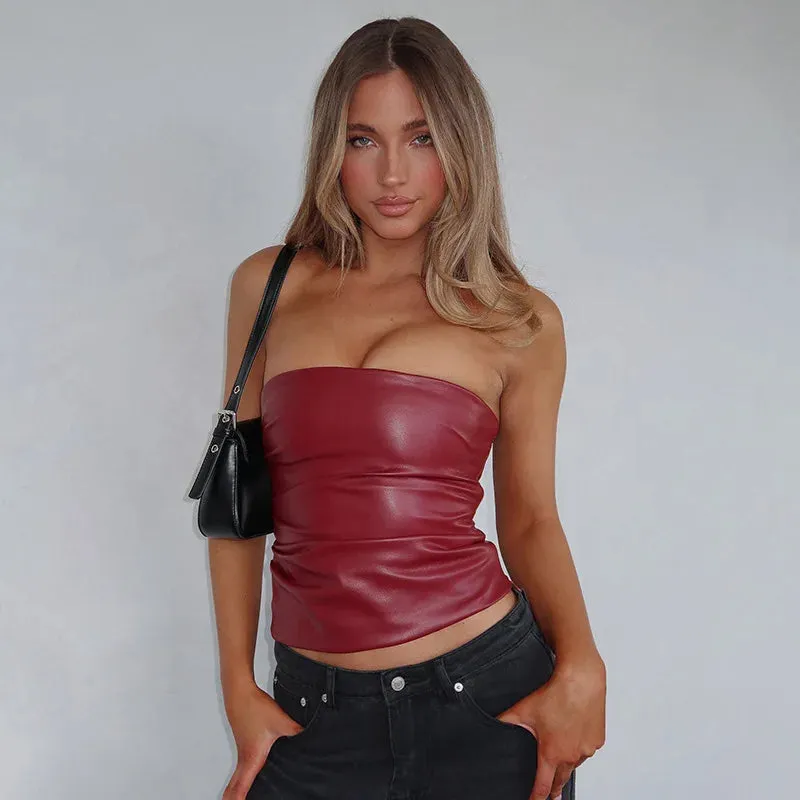Wine Red Strapless Leather Top – Sexy Slim Fit Party Top