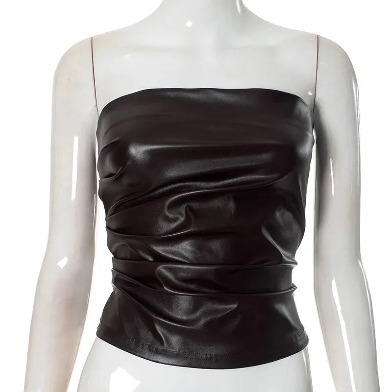 Wine Red Strapless Leather Top – Sexy Slim Fit Party Top