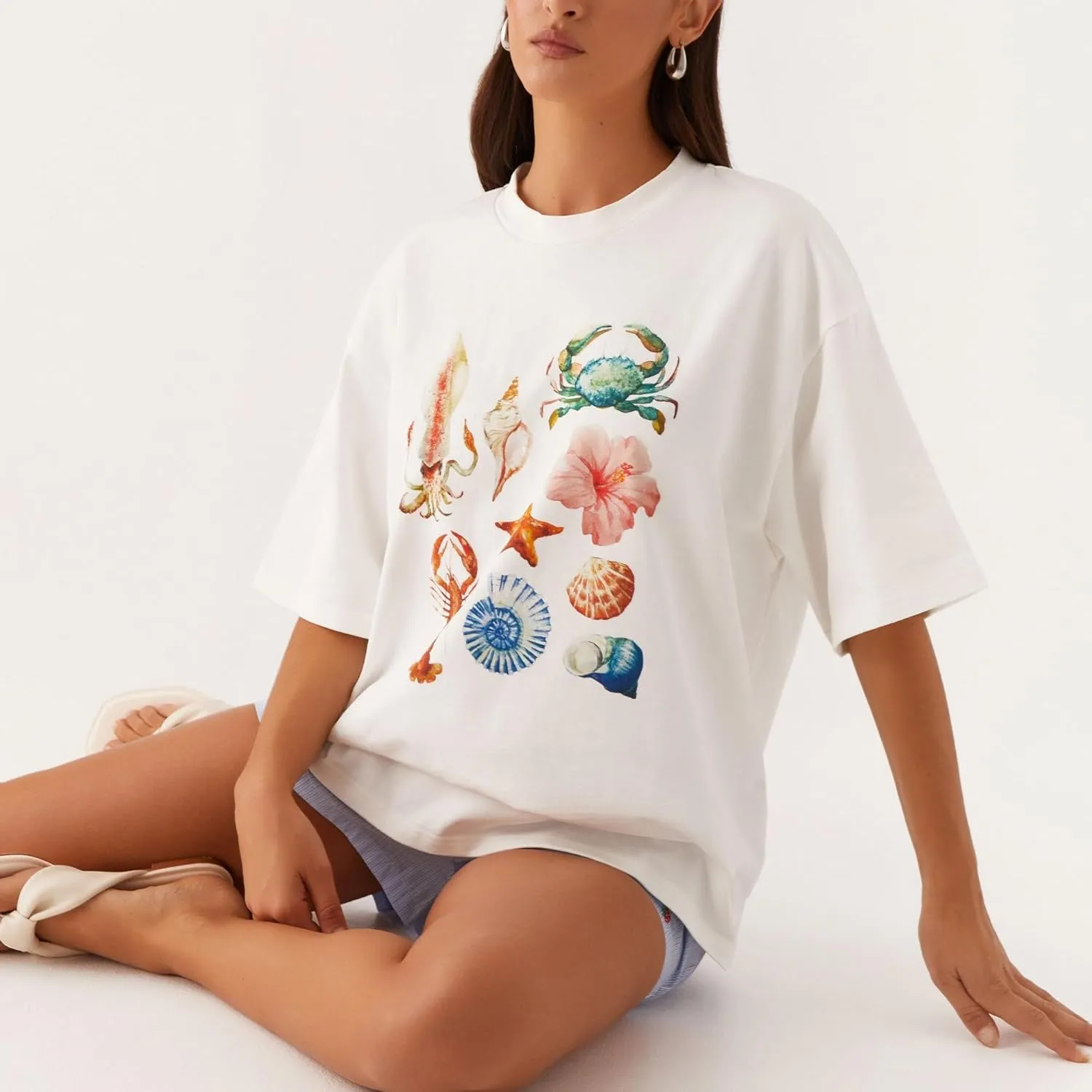 Women Oversized Graphic T Shirt Y2k Short Sleeve Crew Neck Drop Shoulder Loose Fit Tees Summer Preppy Aesthetic Baggy Top