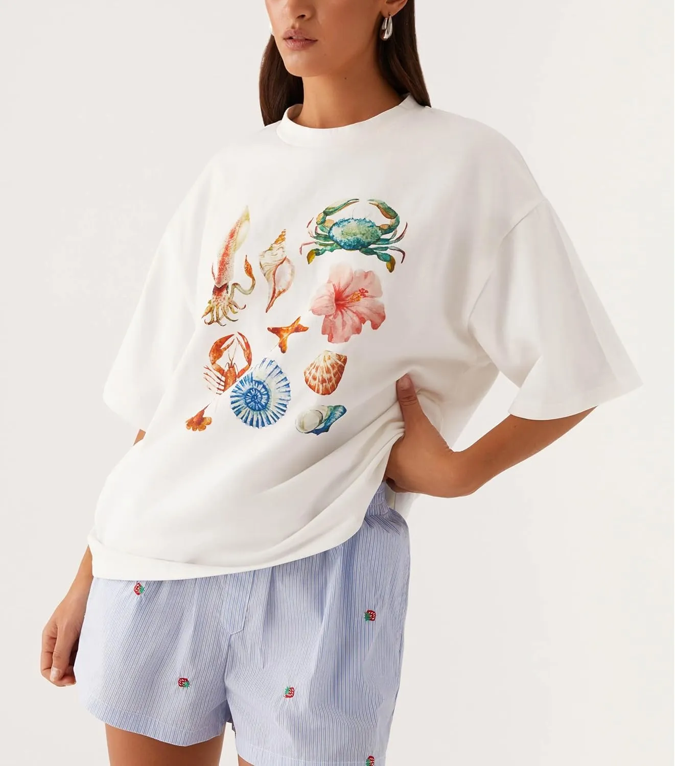 Women Oversized Graphic T Shirt Y2k Short Sleeve Crew Neck Drop Shoulder Loose Fit Tees Summer Preppy Aesthetic Baggy Top