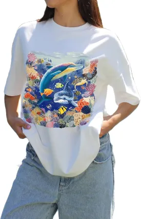 Women Y2k Oversized Graphic Tees Floral Ocean Print Short Sleeve Crewneck Tshirts Teen Girls Aesthetic Streetwear