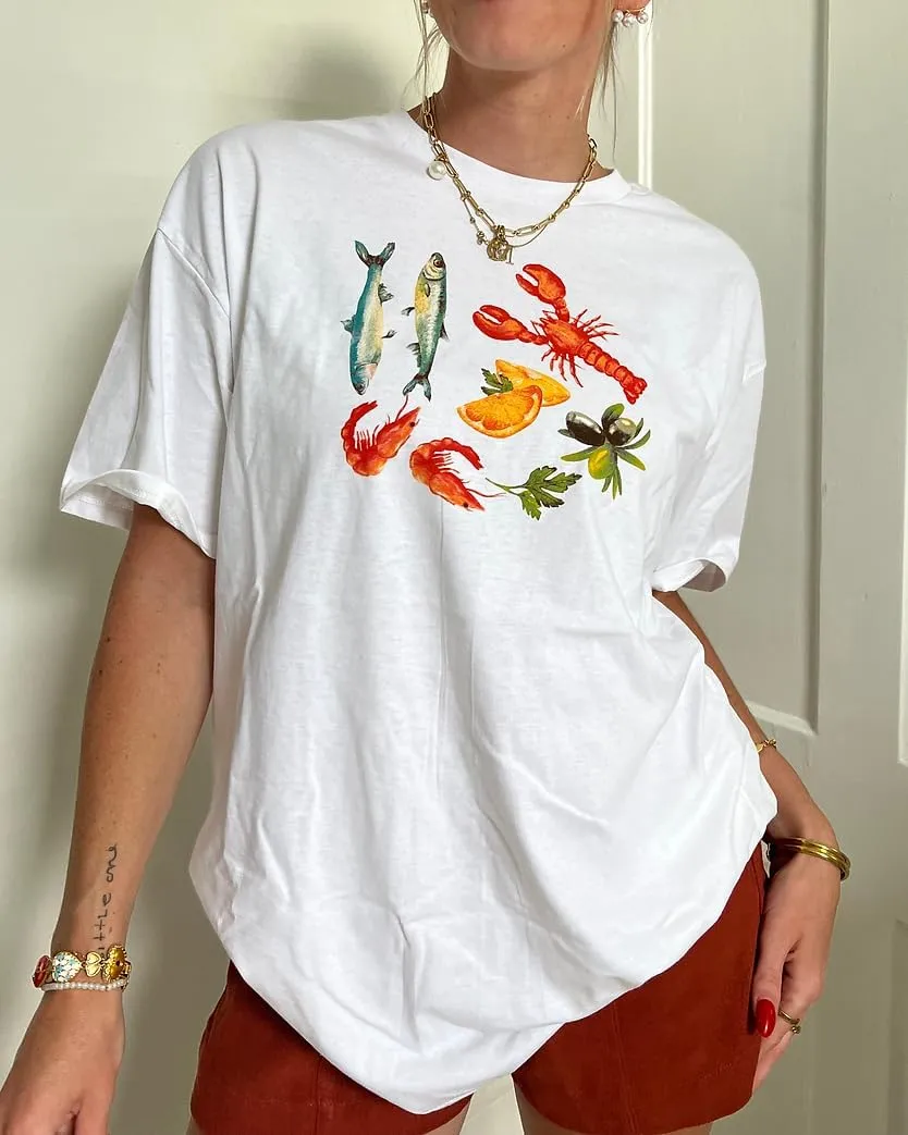 Women Y2k Oversized Graphic Tees Floral Ocean Print Short Sleeve Crewneck Tshirts Teen Girls Aesthetic Streetwear